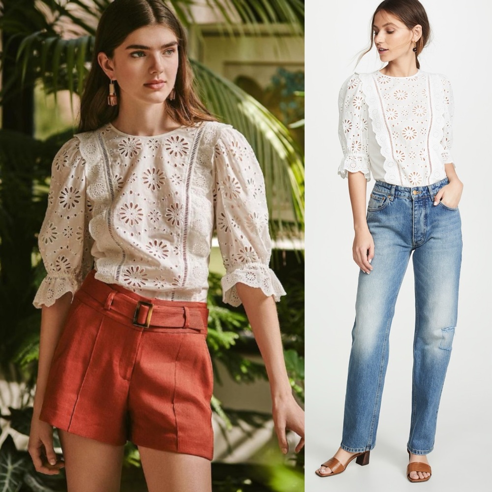 NWT Veronica Beard White Gale Blouse Floral Eyelet Embroidery Vacation Summer 0